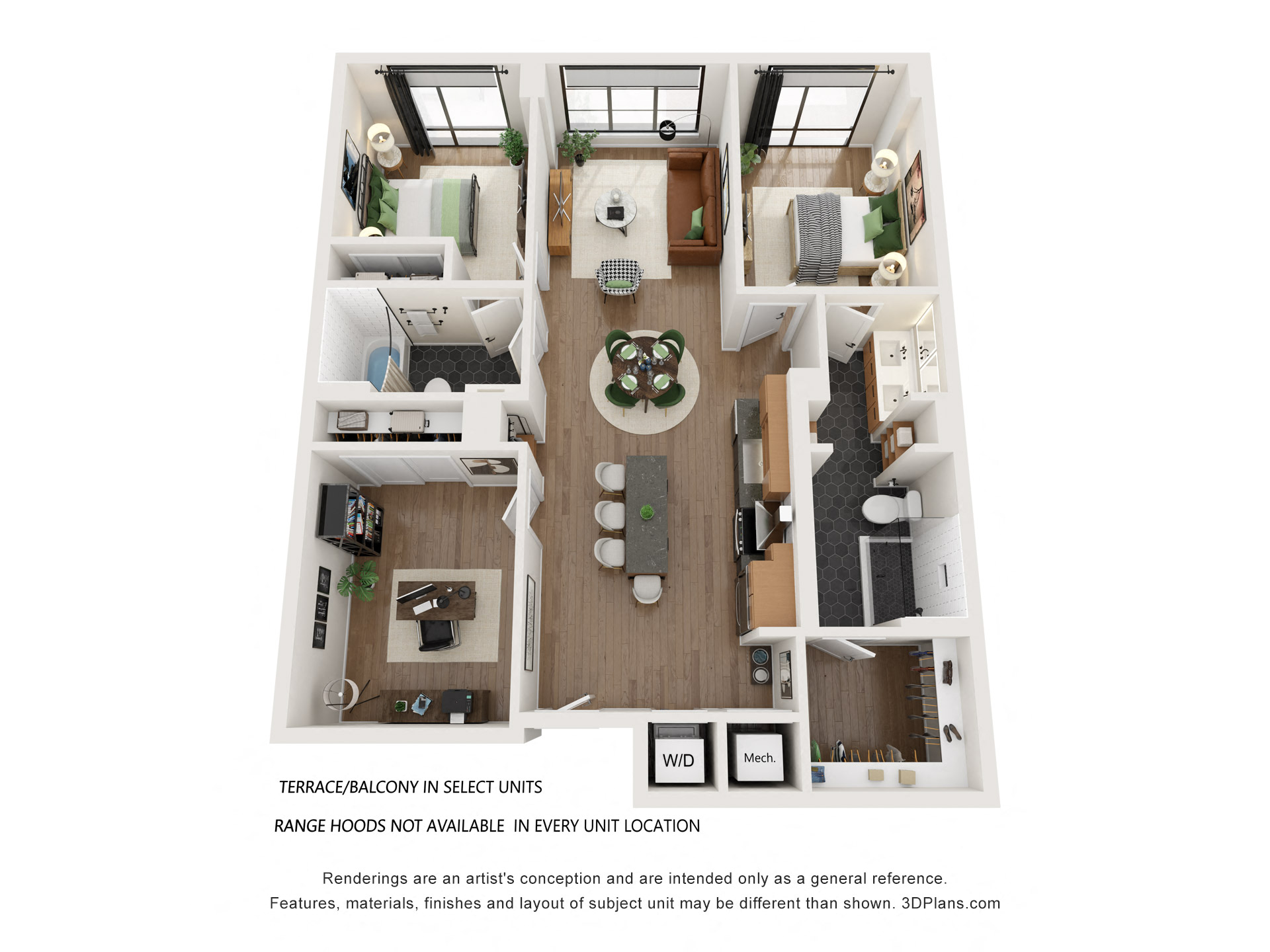 Floor plan for 2 beds, 2 baths, 1214 sqft
